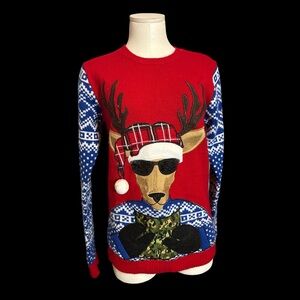 Jolly Sweaters reindeer ugly Christmas sweater with a camouflage drink pouch